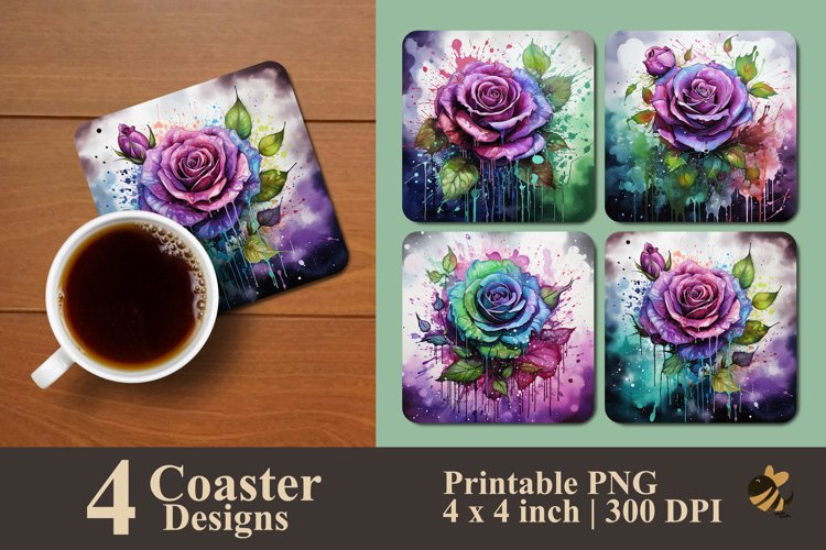 Beauty Watercolor Rose Coaster Sublimation Designs example image 1
