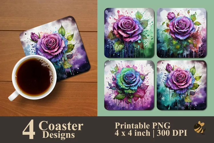 Beauty Watercolor Rose Coaster Sublimation Designs