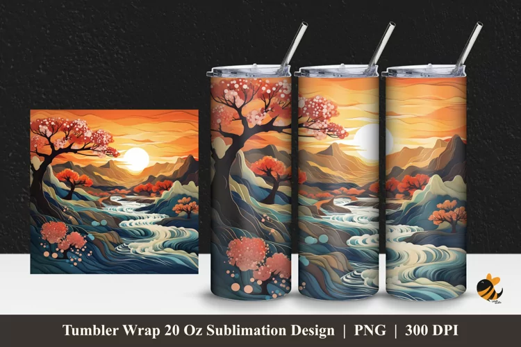 3D Nature River Tumbler Wrap Sublimation Design 1
