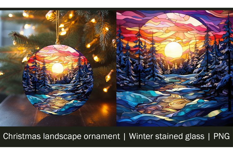 Christmas landscape ornament | Winter stained glass | PNG example image 1
