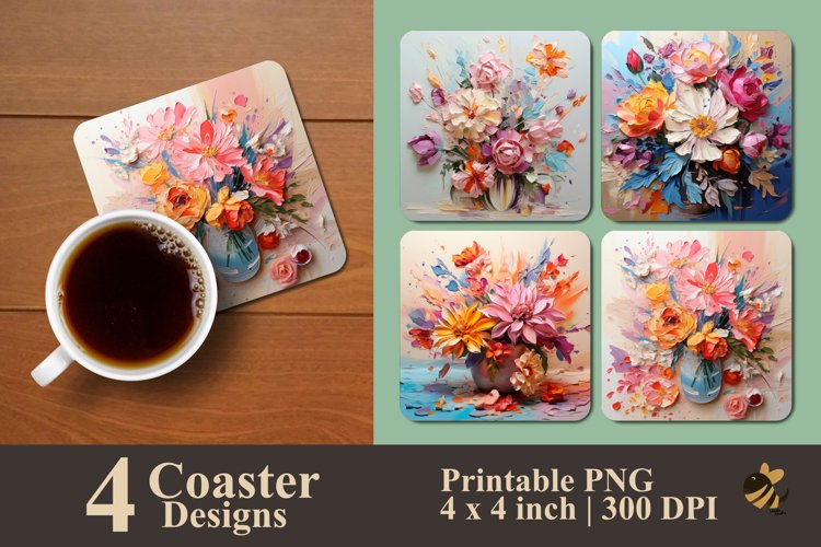 Brush Flowers Coaster Sublimation Designs example image 1