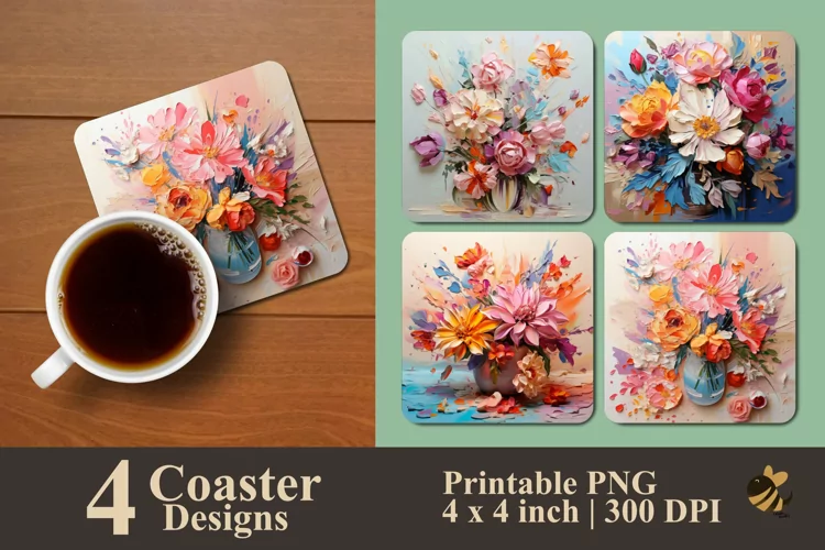 Brush Flowers Coaster Sublimation Designs