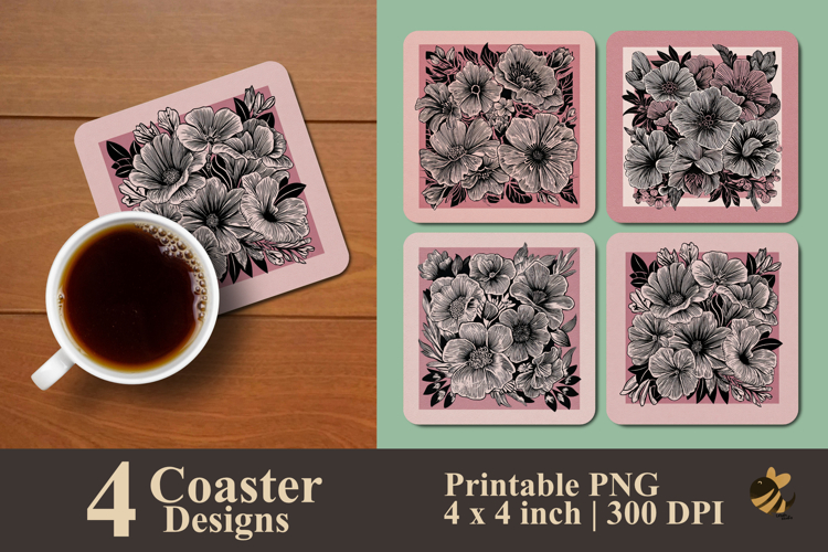 Handdrawn Blossom Flowers Coaster Sublimation Design