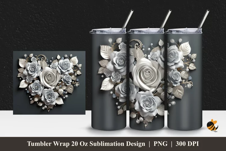 Ribbon Silver Rose Tumbler Wrap Sublimation Design 1