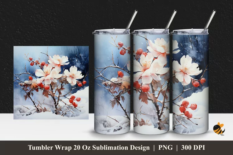 Winter Flower Tumbler Wrap Sublimation Design 1