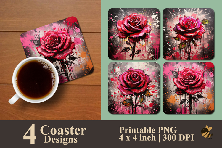 Pink Rose And Messy Ink Splashes Coaster Sublimation Design