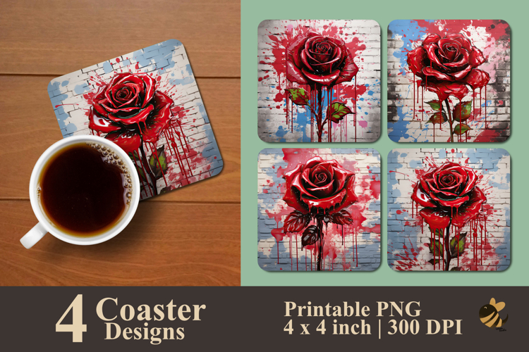 Vibrant Cherry Red Rose Coaster Sublimation Design