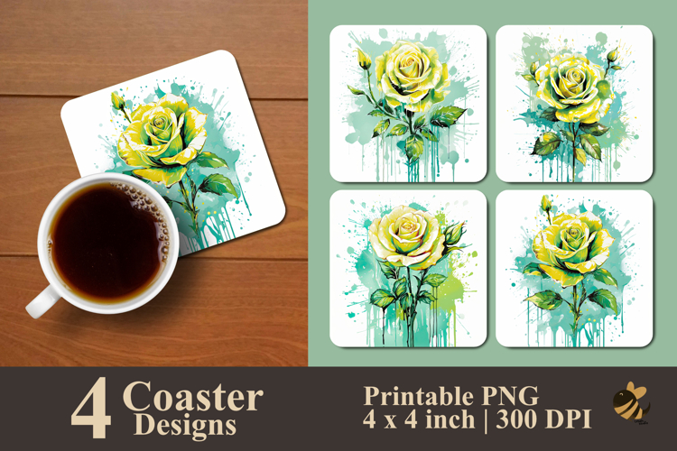 Yellow Mint Rose Coaster Sublimation Design