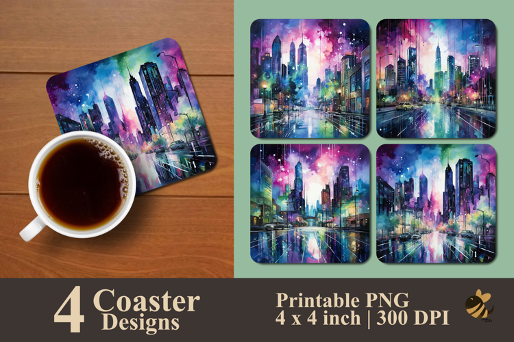 Aurora Metropolis Skyscrapers Coaster Sublimation Design