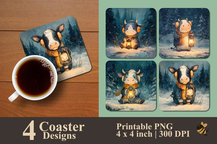 Snow Lantern Cow Coaster Sublimation Design