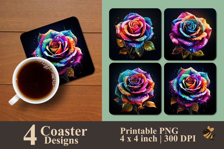 Rainbow Rose With Dew Coaster Sublimation Designs example image 1