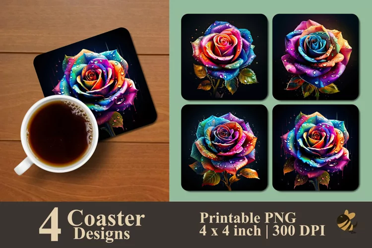 Rainbow Rose With Dew Coaster Sublimation Designs