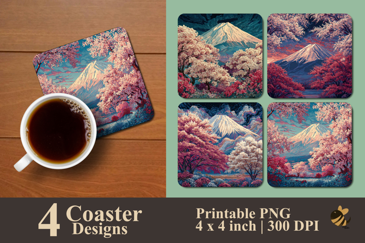 Mount Fuji Cherry Blossom Trees Coaster Sublimation Design