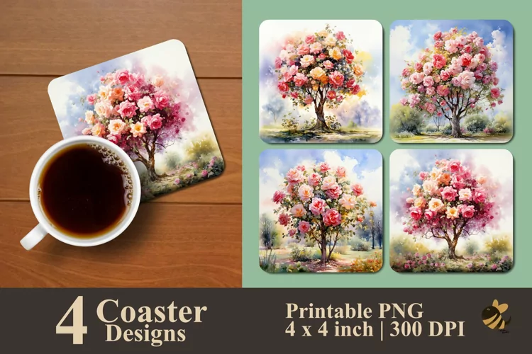 Blooming Rose Tree Coaster Sublimation Designs