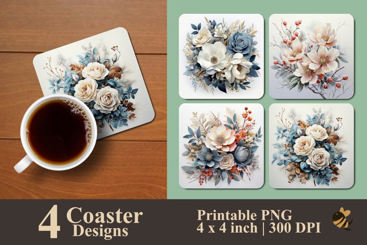 Vintage Winter Flower Coaster Sublimation Designs example image 1