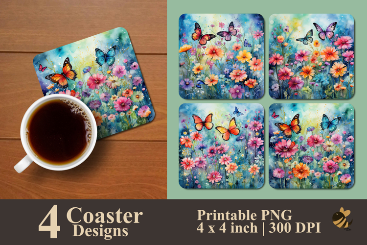 Painting Butterfly And Flower Coaster Sublimation Design