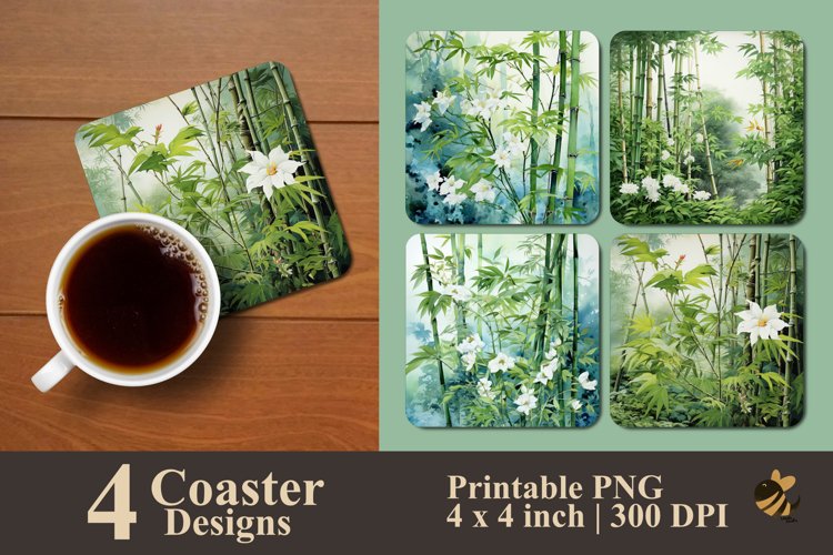 White Flower And Bamboo Coaster Sublimation Designs