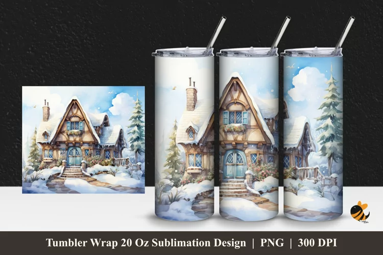 Snow And House Tumbler Wrap Sublimation Design 1