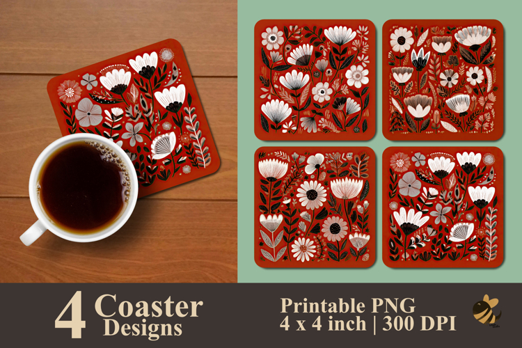 Doodle Crimson Bloom Coaster Sublimation Design