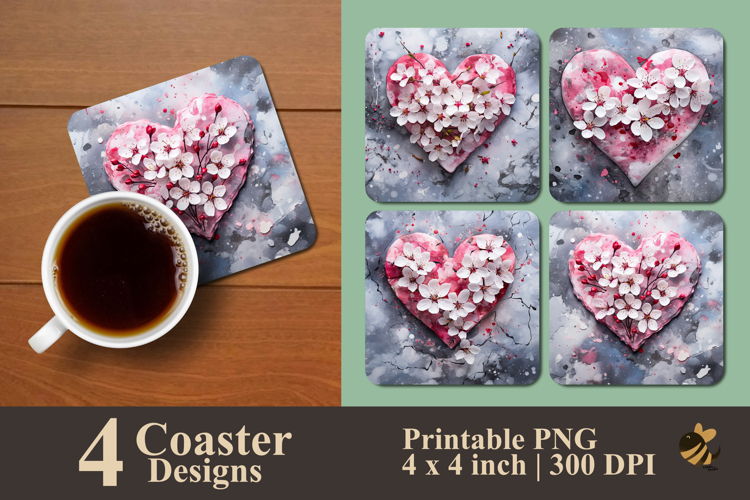 Blossoming Pink Heart Coaster Sublimation Design