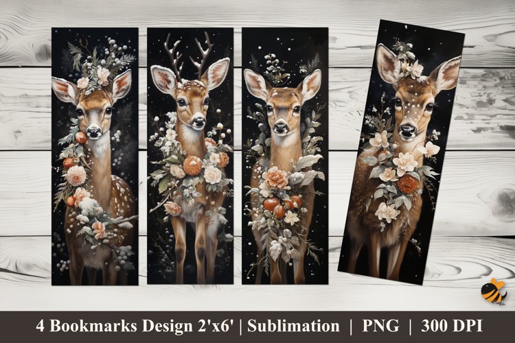 Deer Flowers Bookmarks Sublimation Design example image 1