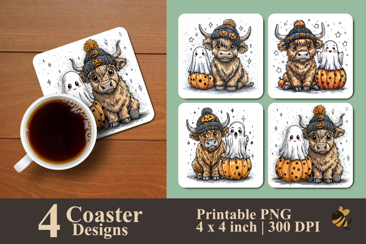 Handdrawn Halloween Cow Coaster Sublimation Design