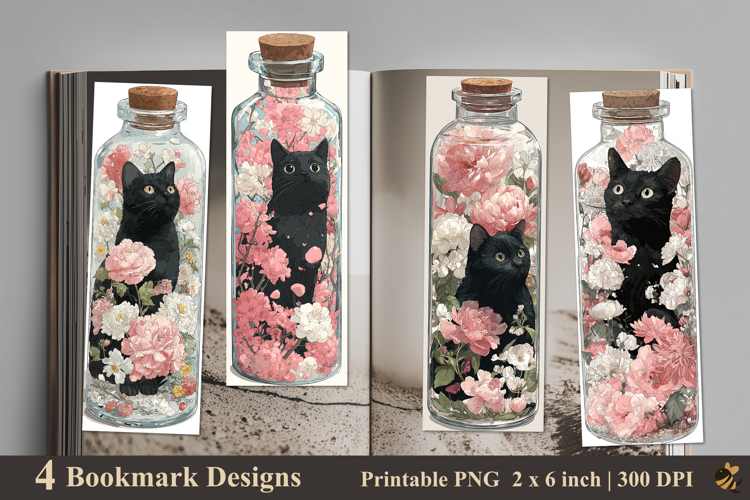 Cat Inside Bottle Flowers Bookmarks Sublimation Design