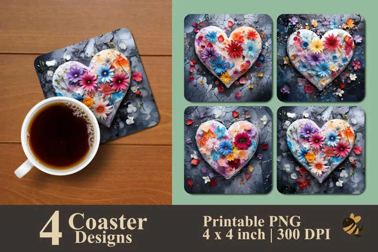 Heart Flower Coaster Sublimation Designs