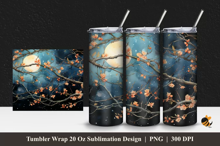 Branch At Night Tumbler Wrap Sublimation Design 1