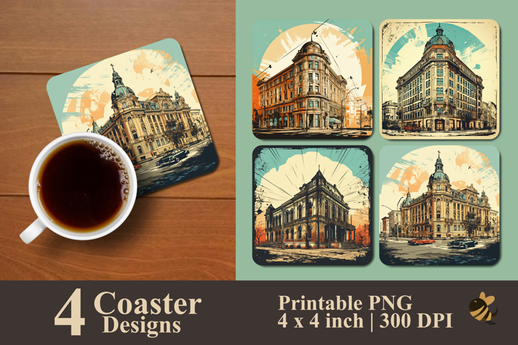 Retro Historical Building Coaster Sublimation Design
