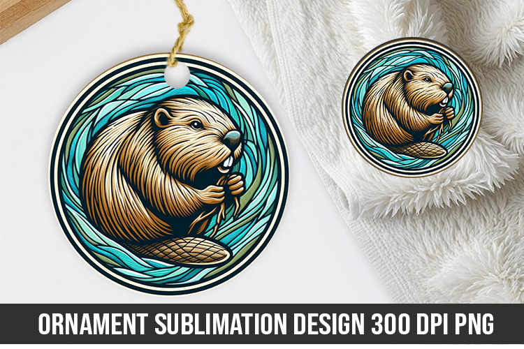 Beaver Stained Glass Ornament PNG, Sublimation PNG Design