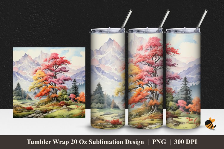Mountain And Tree Tumbler Wrap Sublimation Design 1 example image 1