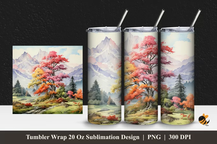 Mountain And Tree Tumbler Wrap Sublimation Design 1