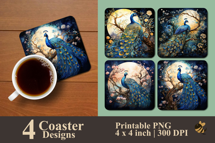 Peacock Pearched At Tree Coaster Sublimation Design