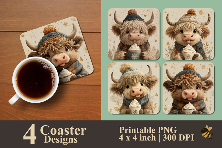 Adorable Highland Cow Coaster Sublimation Design