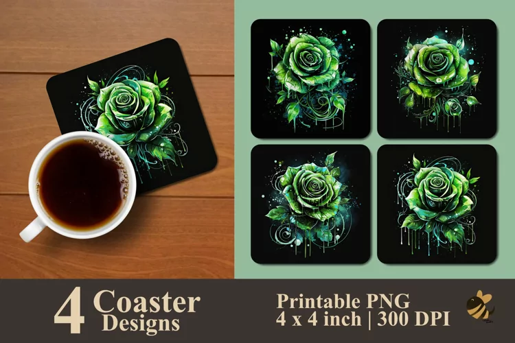 Green Rose Coaster Sublimation Designs