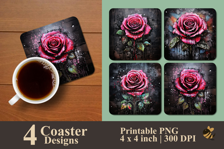 Black Pink Baccara Rose Coaster Sublimation Design