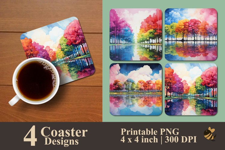 Rainbow Skyline Rows Of Trees Coaster Sublimation Design