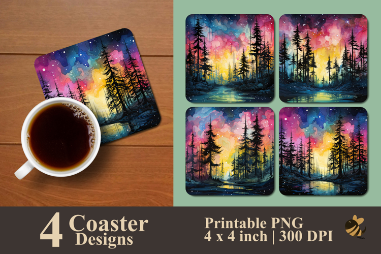 Ink Rain Aurora Trees Coaster Sublimation Design