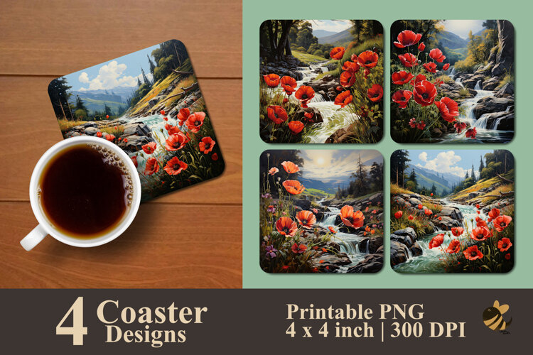 Wild Poppy Flower Coaster Sublimation Design example image 1