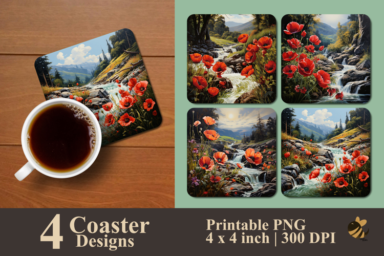 Wild Poppy Flower Coaster Sublimation Design