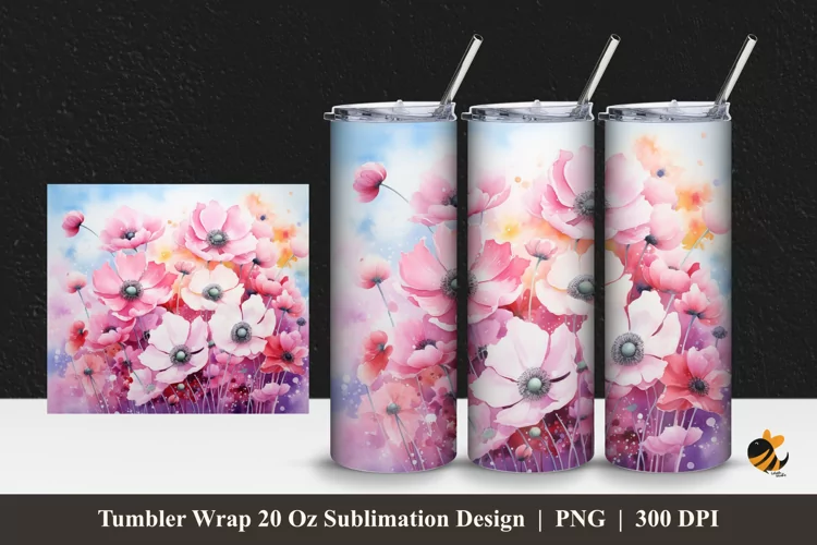 Watercolor Anemone Tumbler Wrap Sublimation Design 1