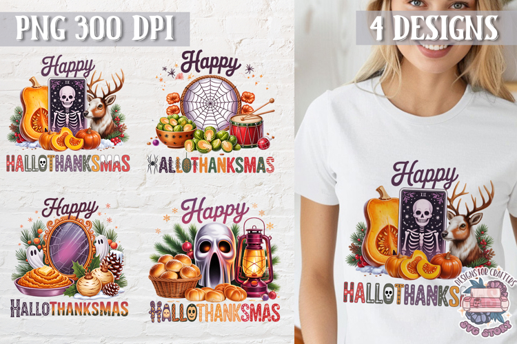 HalloThanksMas Sublimation T Shirt Design PNG 4 designs