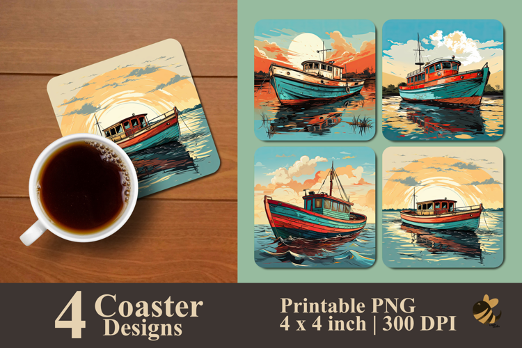 Handdrawn Retro Ship Coaster Sublimation Design
