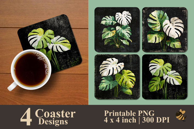 Green Monstera Plant Coaster Sublimation Design example image 1