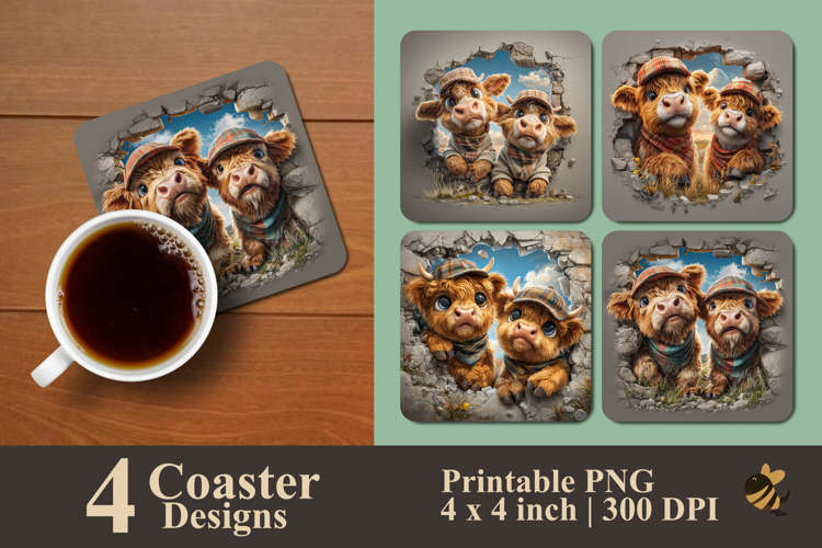 Two Cute Highland Cow Coaster Sublimation Design