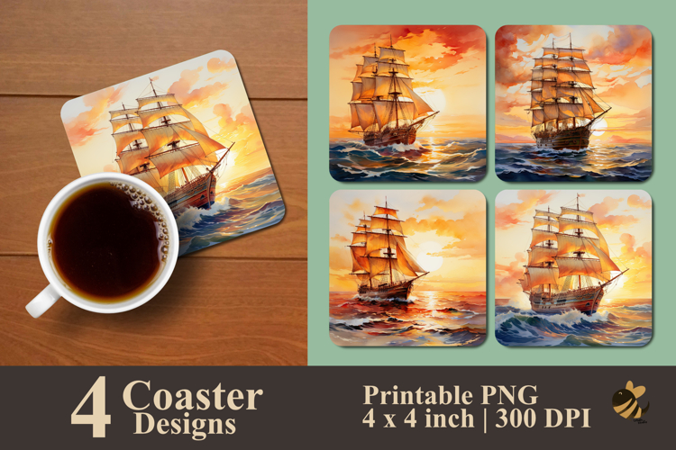 The Old Ship And The Sunset Coaster Sublimation Design