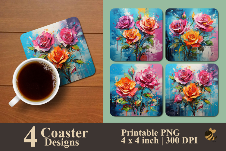 Artistic Brush Roses Coaster Sublimation Design