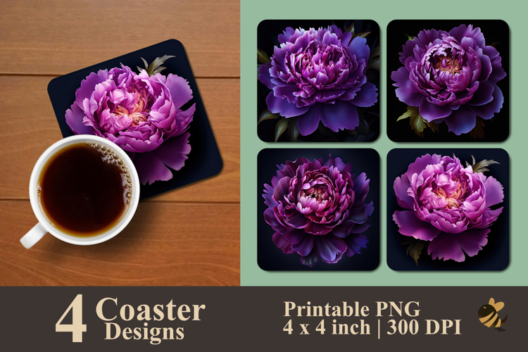 Realistic Purple Peony Flower Coaster Sublimation Design