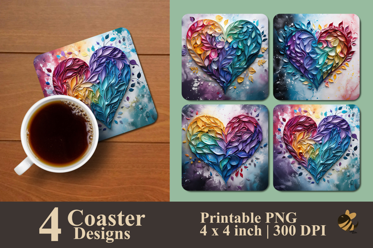Colorful Heart Leaves Coaster Sublimation Design